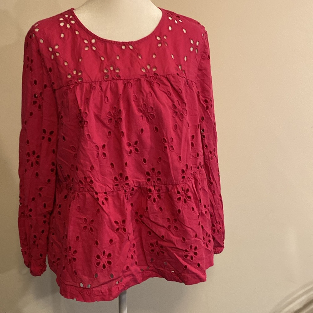 J CREW factory tiered popover eyelet fuchsia blouse size XL